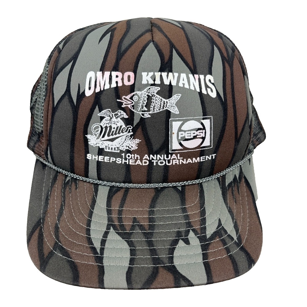 Vintage Fishing Trucker Hat Cap SnapBack 90s Camo Omro Kiwanis Miller Pepsi Mesh